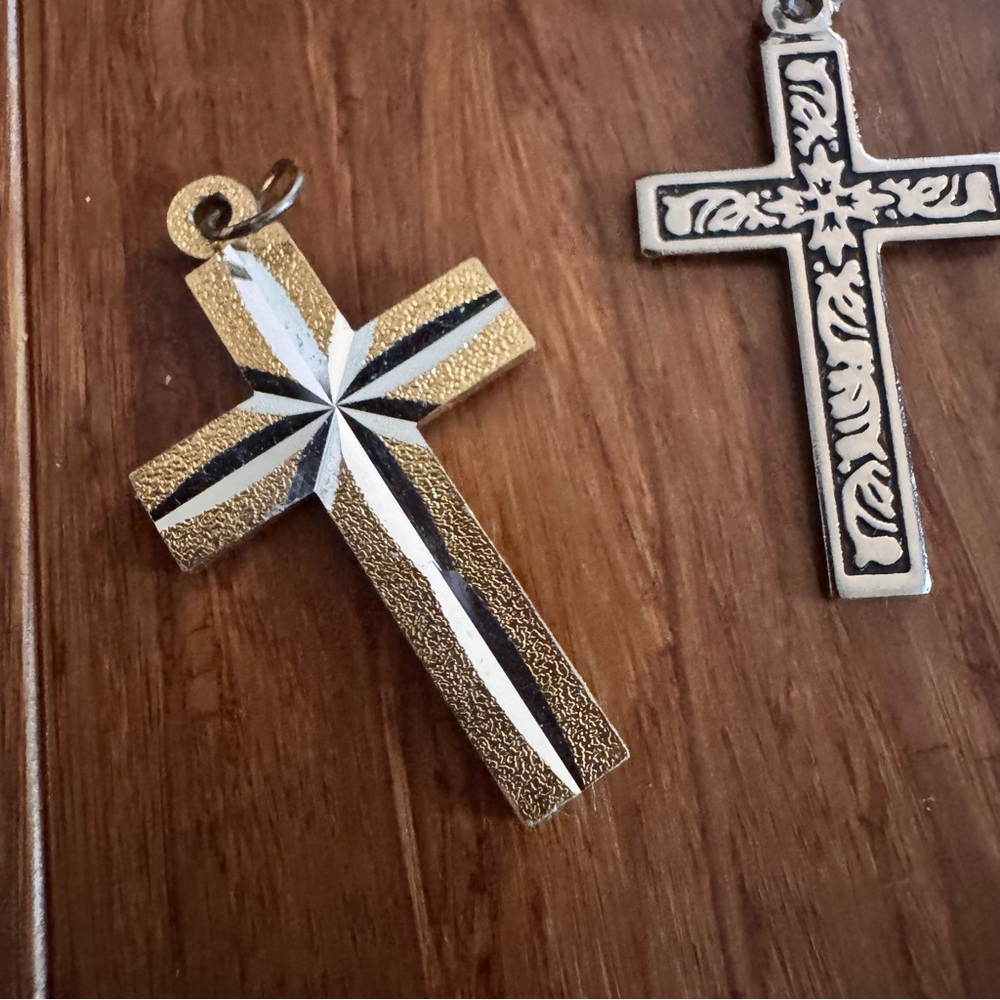 Vintage Cross SET Gold Silver Metal Turquoise Blue Christian Pendant Necklace - Picture 6 of 8